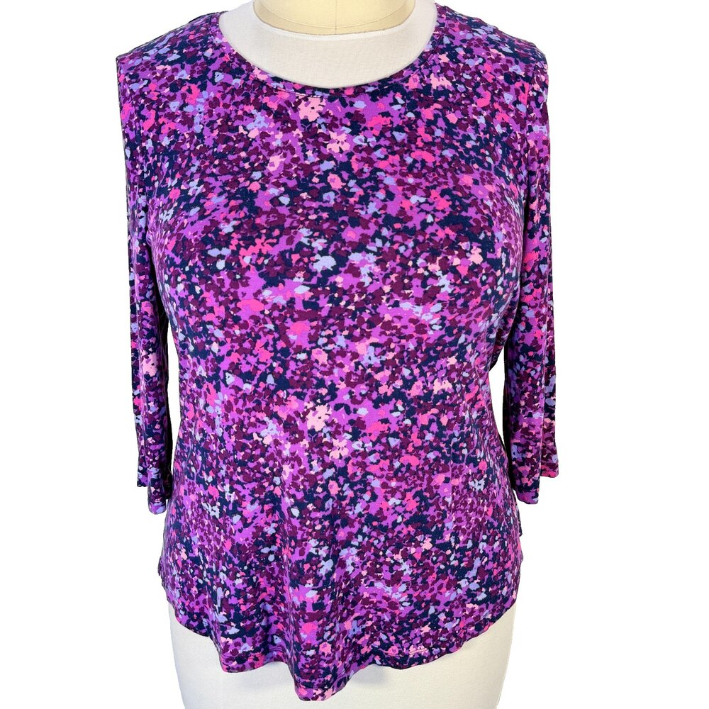 JM Collection Tunic Top Womens L Purple Pink Abstract 3/4 Sleeve Round Neck